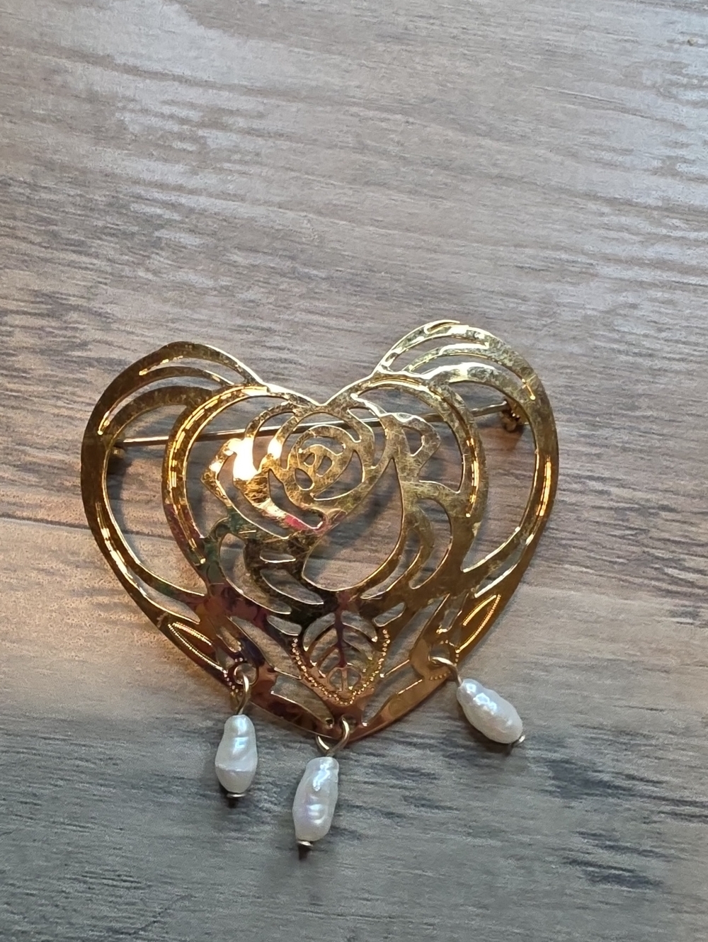 Gold Heart Filigree Brooch with Pearl Drops